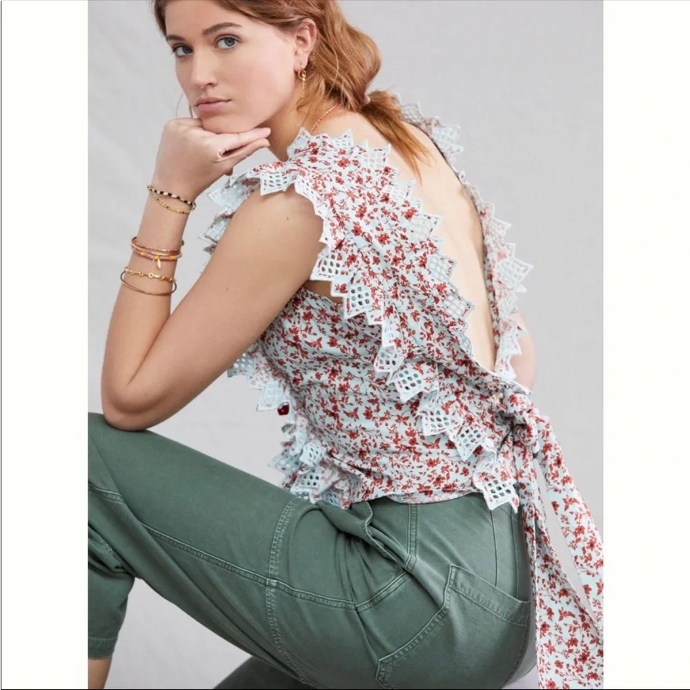 Anthropologie Blue Tassel PXS Floral Open Back Tie Tank Top Light Blue Red